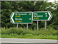 TM2987 : Roadsigns on the A143 Old Railway Road by Geographer