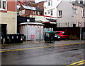 Wheelie bins and an electricity substation in Talbot Lane, Newport