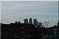 View of Canary Wharf and the O2 from the end of the Thames Path near Thames Barrier Park