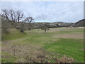 Fields and ancient river bank near Llangernyw