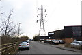 Electricity pylon on industrial estate