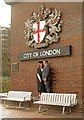 TQ3281 : City of London coat of arms, Barbican Centre by Jim Osley