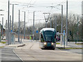 SK5638 : Meadows Embankment tram stop with test tram by Alan Murray-Rust