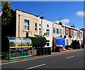 Lower Ford Street houses, wheelie bins and bus shelter, Coventry