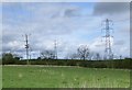 NZ1879 : Pasture, pylons and electricity poles by Russel Wills