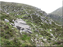 J3229 : Split slabs high on the western slopes of Slievenaglogh by Eric Jones