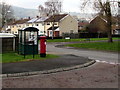 Pillarbox and bus shelter on a corner in Croesyceiliog,Cwmbran