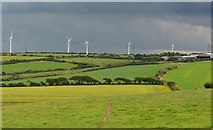 SX1593 : Fields, turbines and pylons, Marshgate, Cornwall by Edmund Shaw