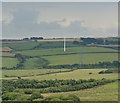 Farmland, turbines and a pylon, near Tresparrett, Cornwall