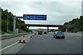 SK4573 : Cantilevered sign and footbridge on M1 near Junction 29A by David Smith