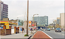 TQ3278 : North on A215 Walworth Road, approaching Elephant & Castle (SR) Station, 1983 by Ben Brooksbank