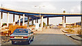 West India Docks in transition, 1986: new Dockland Light Railway viaducts