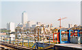 London Docklands Development, 1997: Canary Wharf seen from Limehouse DLR station