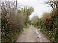 Track leading down to road (A390) near Drakewells