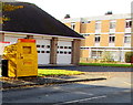 Yellow donations bin outside Welshpool Fire Station