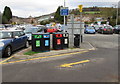 Four recycling bins in Crickhowell public car park