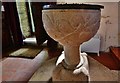 SW9642 : Caerhays, St. Michael's Church: The late Norman font carved from local Pentewan stone 1 by Michael Garlick