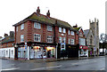 Shops and church in Worthing, West Sussex