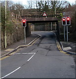 ST0894 : West side of a low railway bridge over the B4275, Abercynon by Jaggery