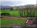 Barn at Dolfawr farm and the track of the Bala Lake Railway