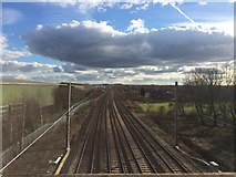 SJ5990 : West Coast Main Line from A574 Bridge, Warrington by Richard Cooke