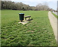 Litter bin and backless bench, Bibury Road,  Cheltenham 