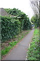 Footpath past ivy-clad cemetery building