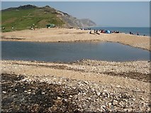 SY3693 : River Char and Charmouth Beach by Philip Halling
