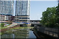 View down the River Lea from the raised walkway leading to Three Mills Island