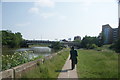 View of the Twelvetrees Crescent bridge from the River Lea Navigation towpath