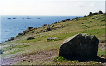 SW3425 : Lands End: westward out to Longships Lighthouse, 1995 by Ben Brooksbank