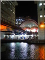 The south portal of Canary Wharf DLR station at night