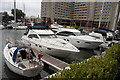 View of boats moored up at St. Katharine Docks