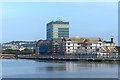 Building under construction by the River Usk, Newport