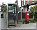 Elizabeth II postbox and telephone box outside Post Office, Grimsargh