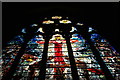 Looking up at a stained glass window in St. Etheldreda