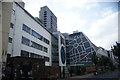 View of street art on the rear of the Rich Mix Centre on Bethnal Green Road from Redchurch Street