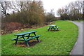 Two picnic tables in Hazelwell Park, Stirchley, Birmingham