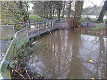 NY9364 : Footbridge over Cockshaw Burn during a flood on the River Tyne, at Tyne Green Riverside Park by Clive Nicholson