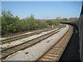 View from a Southampton-Salisbury train - railway curving away from Salisbury