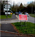 Red temporary sign near the northern end of Malpas Road, Newport