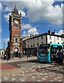 Edwardian clock tower and bus stop in Redcar town centre