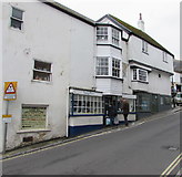 SY3492 : Warning sign - overhanging building, Broad Street, Lyme Regis by Jaggery