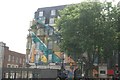 View of the brightly-coloured Barclays bank on Euston Road