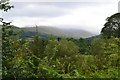 View towards cloud-covered Brecon Beacons from the canal