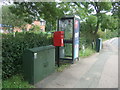 Elizabeth II postbox and telephone box on High Road, Bell Common