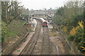 View of a Central line train in the platform at Epping station from the Bower Hill bridge