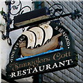 Smugglers Cott Restaurant name sign, East Looe