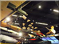 View of missiles hanging from the ceiling of Hangar 1 in the RAF Museum