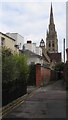 Lane towards a church spire, Cheltenham